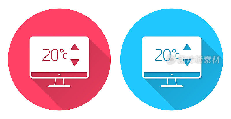 带有加热控制的台式电脑。圆形图标与长阴影在红色或蓝色的背景