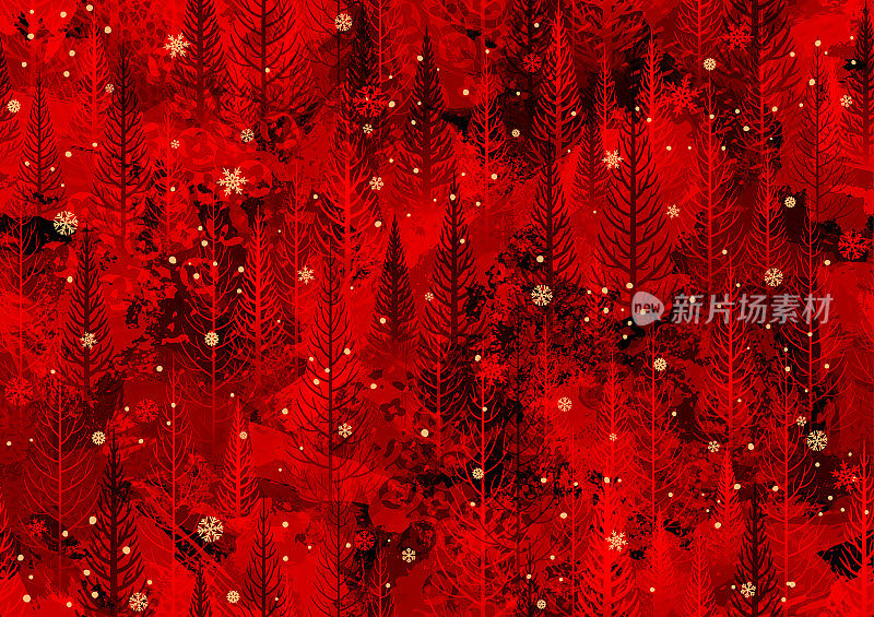 无缝红色冬季森林垃圾油画背景