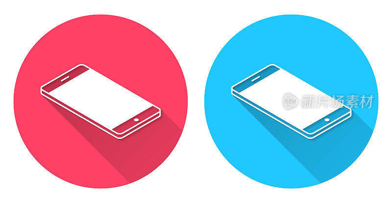等距智能手机-平面位置。圆形图标与长阴影在红色或蓝色的背景