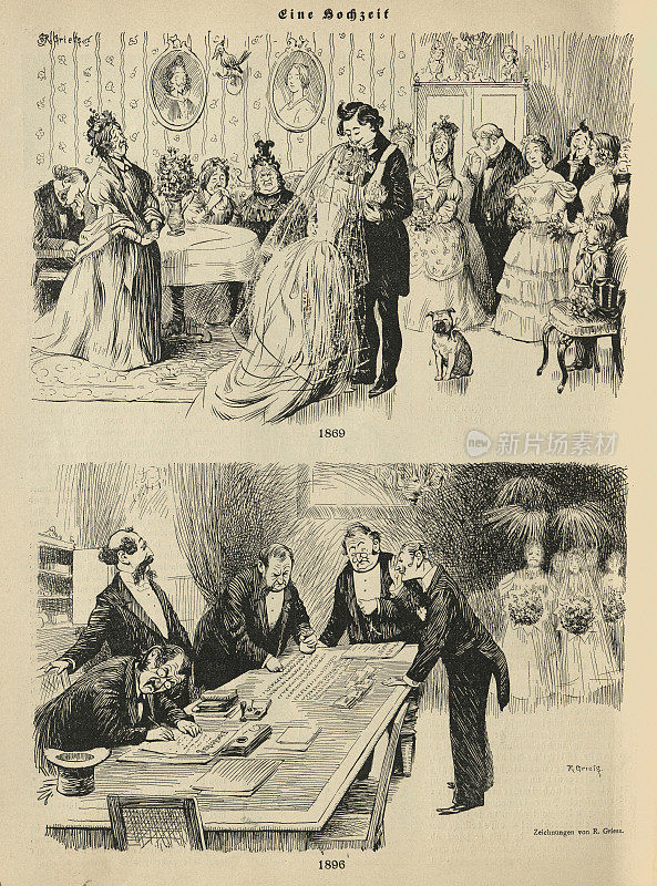 关于婚姻和订婚的老式卡通插图，青年风格，新艺术风格，德国1890年代