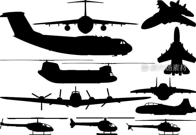 军用飞机，飞机和直升机剪影