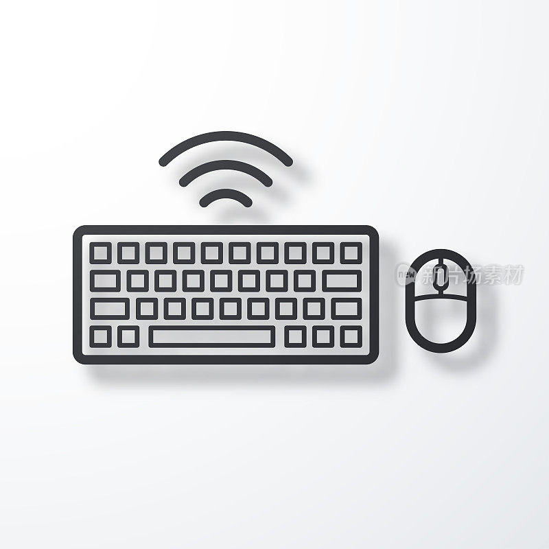 无线键盘和鼠标。线图标与阴影在白色背景