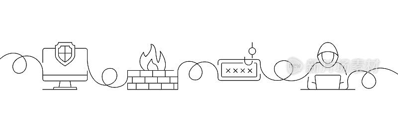 连续一行绘制网络安全图标的概念。单线矢量插图。互联网，数据，隐私，防火墙。