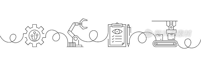连续一行绘制工业4.0图标概念。单线矢量插图。连接，自动化，机械臂，控制。