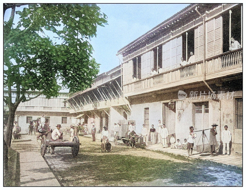 古色古香的黑白照片:塞万提斯广场，菲律宾新马尼拉