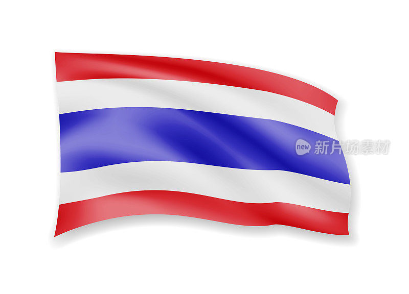 在白色旗帜上挥舞着泰国国旗。旗子在风中飘扬。