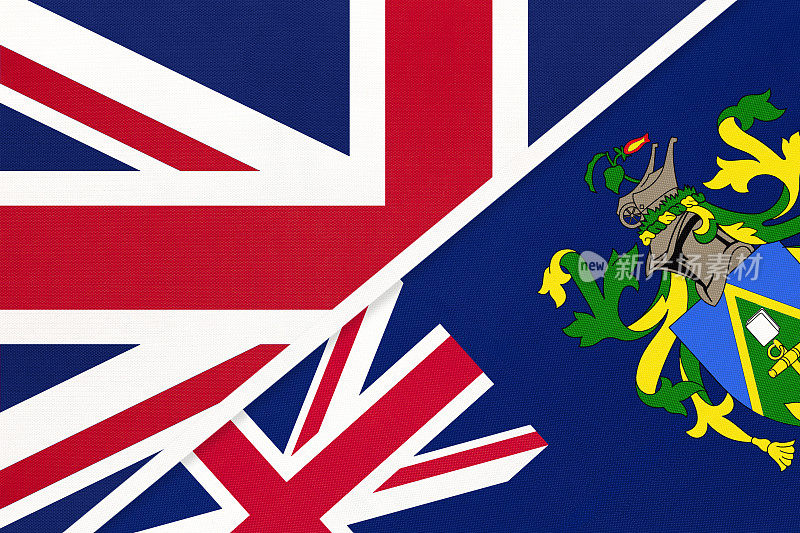 英国vs皮特凯恩群岛纺织品国旗。两个欧洲国家之间的关系。
