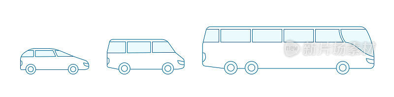 公交车换乘的大小选择。小，中，大。选择你的乘客运输。轮廓线轮廓蓝色矢量。