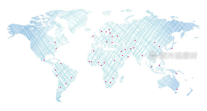 矢量世界地图与单线隔离在白色背景