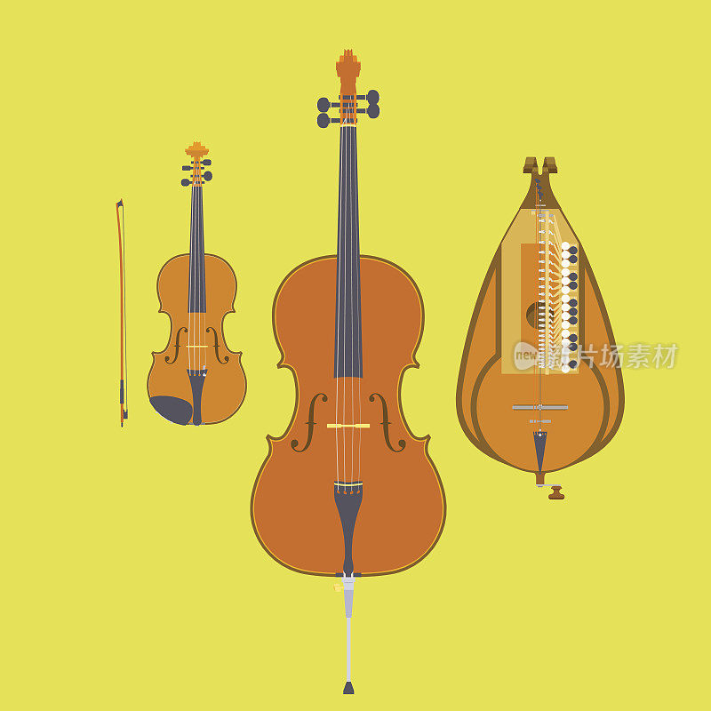 小提琴，小提琴弓，大提琴和摇琴