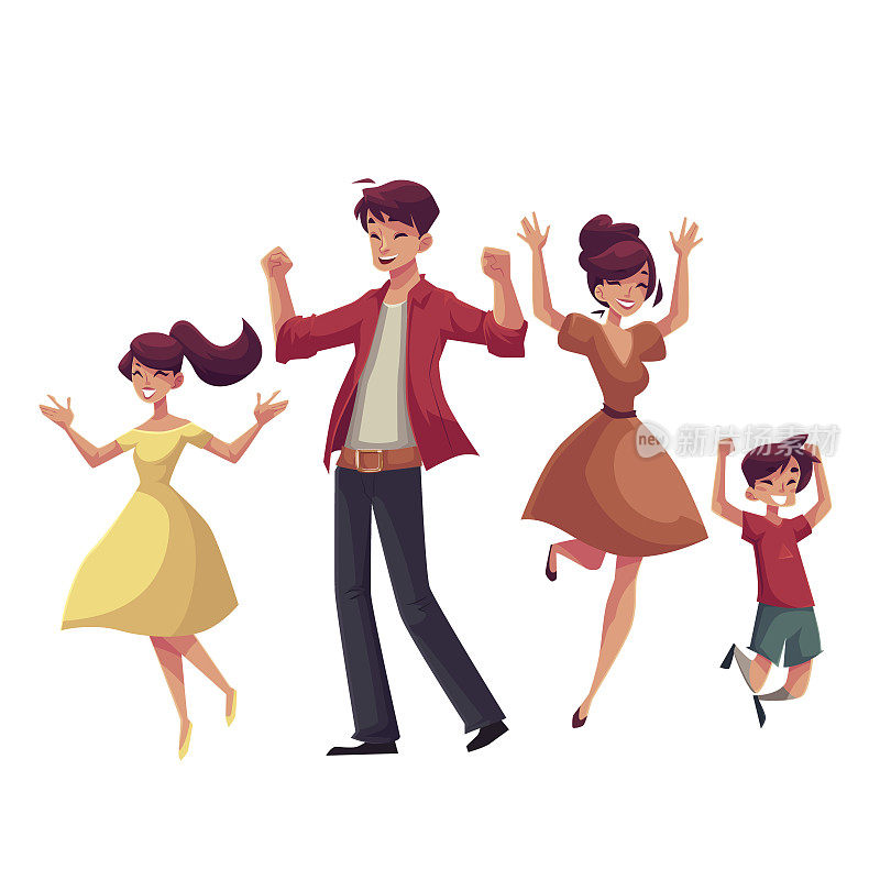 欢快的卡通风格的家庭从幸福中跳跃