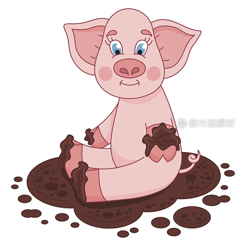 可爱的小猪在水坑里，有趣的小猪坐在那里