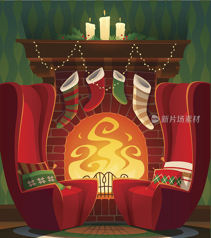 圣诞节用壁炉装饰了舒适的房间