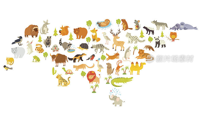 欧亚大陆动物世界地图。彩色卡通矢量插图