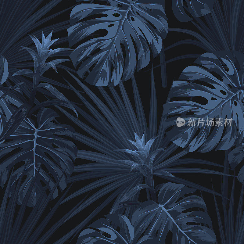 异国情调的热带背景与夏威夷植物和花卉。无缝矢量靛蓝图案与怪物和sabal棕榈叶，古兹马尼亚花