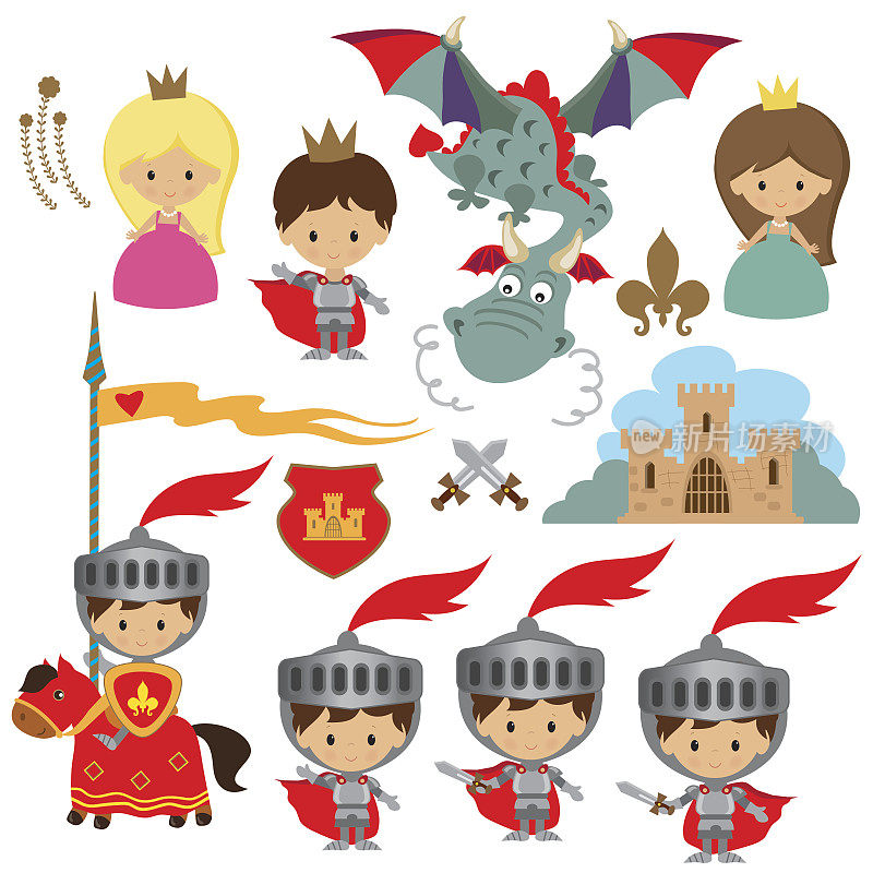 骑士，公主和龙矢量插图