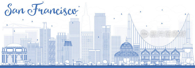 用蓝色建筑勾勒出旧金山的天际线。