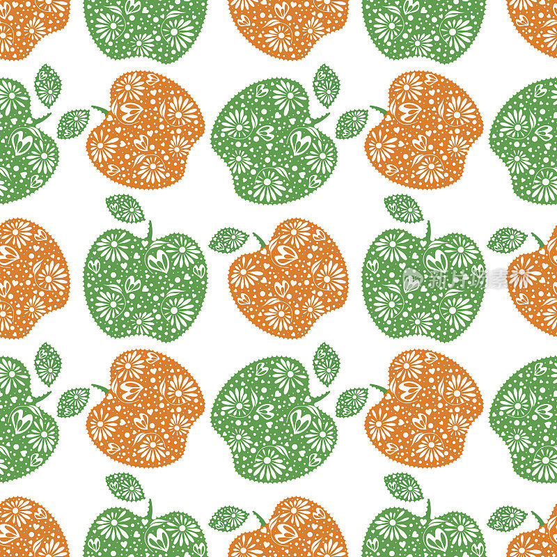 无缝矢量图案，鲜亮的果实对称背景，点缀着红绿相间的苹果，点缀着白色的背景。果蔬无缝图案系列。