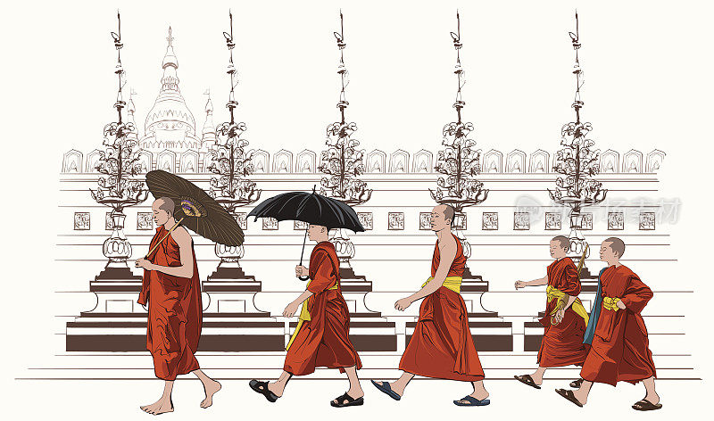 佛教僧侣在寺庙里行走