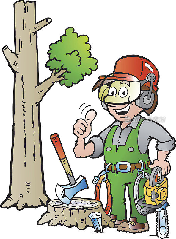 矢量卡通插图的快乐工作的伐木工或樵夫给予拇指