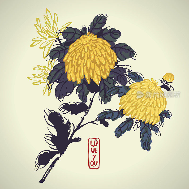 矢量盛开的黄色菊花在中国风格