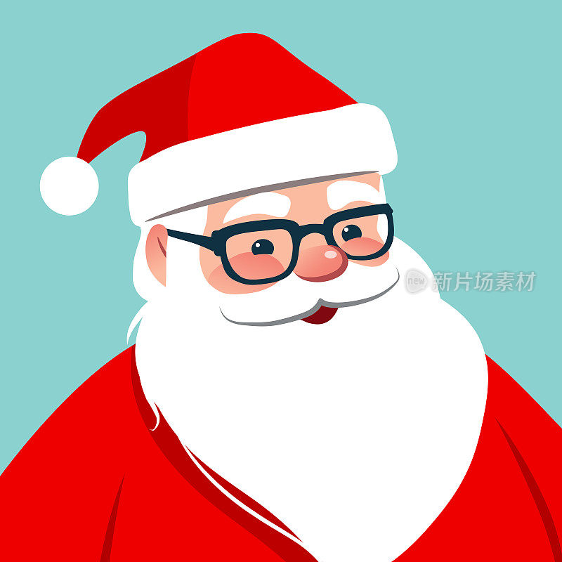 矢量卡通圣诞老人人物肖像插图。友善微笑的圣诞老人戴着眼镜孤立在水蓝色。圣诞节日设计元素为海报，卡片，横幅，平面风格