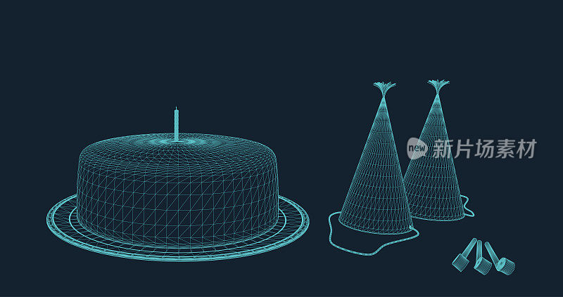 生日蛋糕与蜡烛，党帽子和党号角插图在全息线框架风格