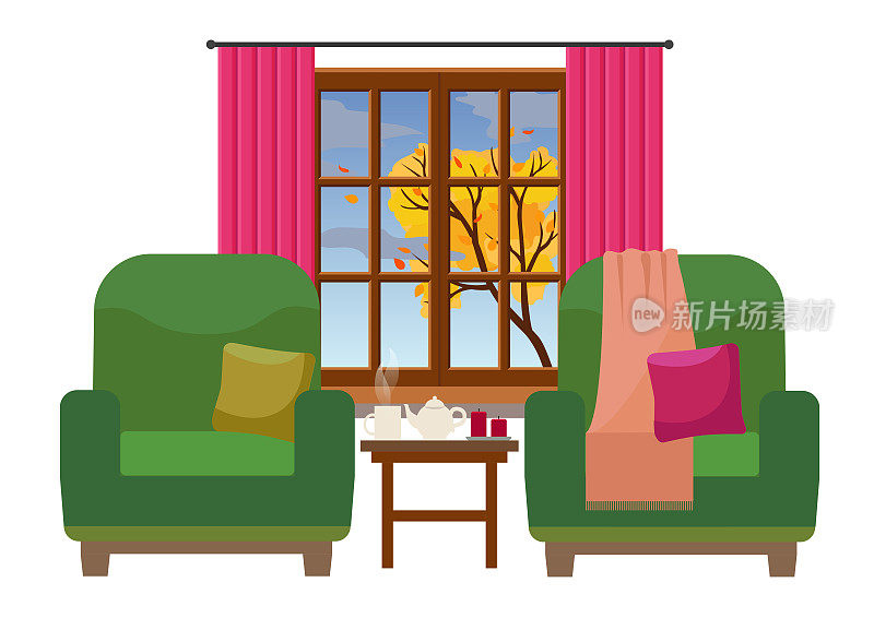 舒适的室内有两个优雅的扶手椅和一扇有树的窗户