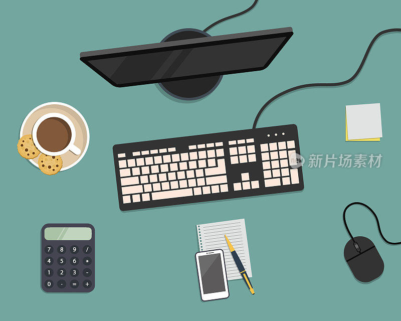 桌面背景的俯视图。蓝色背景上有显示器、键盘、鼠标、智能手机、计算器和其他文具
