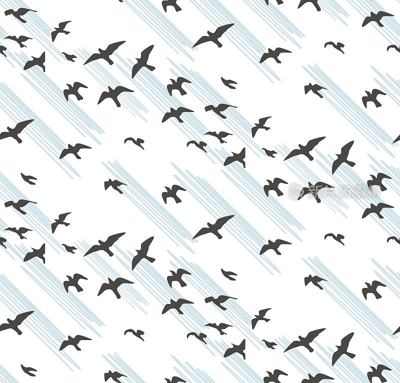 海鸥的轮廓形成无缝的图案。一群飞翔的鸟灰色的剪影。鸽子，海鸥素描抽象的鸟向量包装纸可爱的设计织物织物蓝白色潦草的背景。