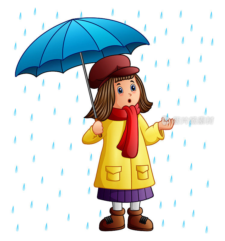 卡通女孩拿着雨伞站在雨滴下