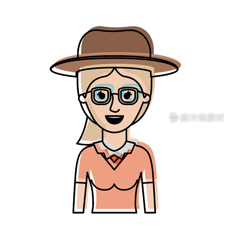 女人半身体与帽子和眼镜衬衫和马尾辫在水彩剪影