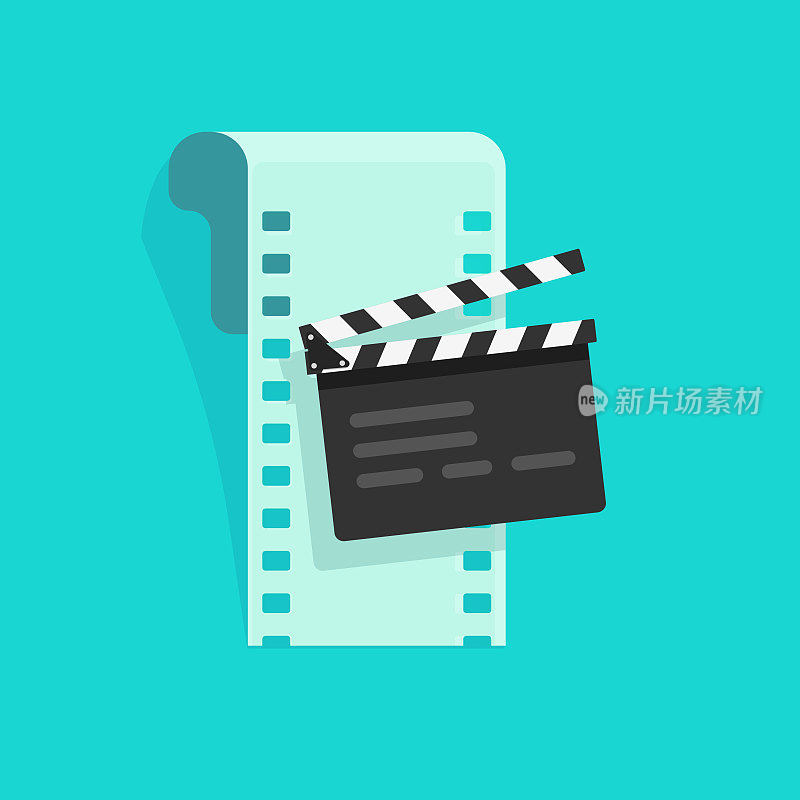 电影或在线电影概念矢量插图，平面卡通风格的拍板和电影带，视频编辑图标的想法，电影生产符号，电影摄影设备