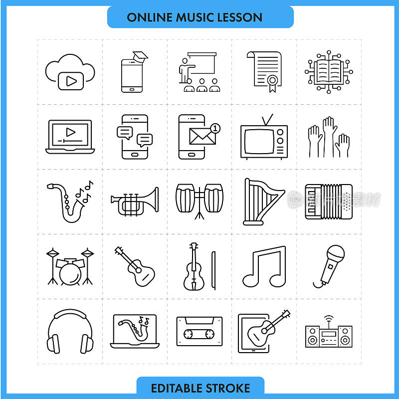 在线音乐课线图标设置。可编辑的中风