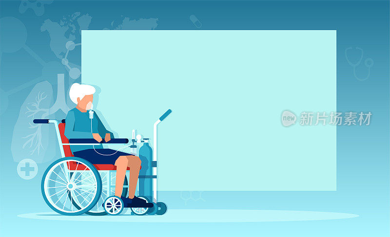 一位患有慢性阻塞性肺疾病的老年妇女的载体，坐在轮椅上接受氧气治疗