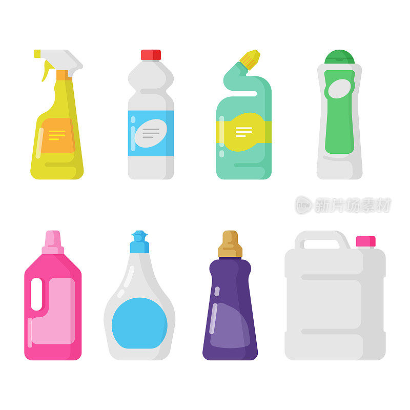清洁和卫生产品图标设置。塑料瓶扁平设计。