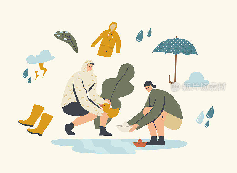 快乐的人物在湿漉漉的雨天玩水坑，女人和男人把纸船和橡皮鸭放在雨中的水上