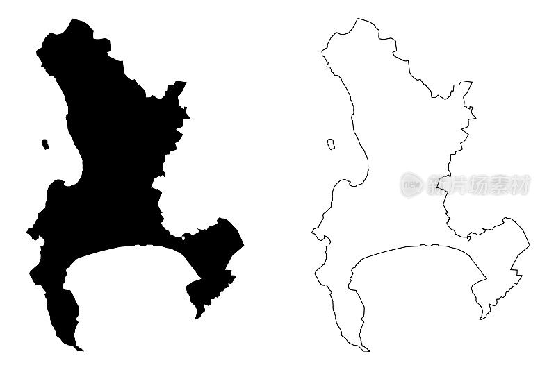 开普敦城(南非共和国，RSA，西开普省)地图矢量插图，草稿开普敦城地图