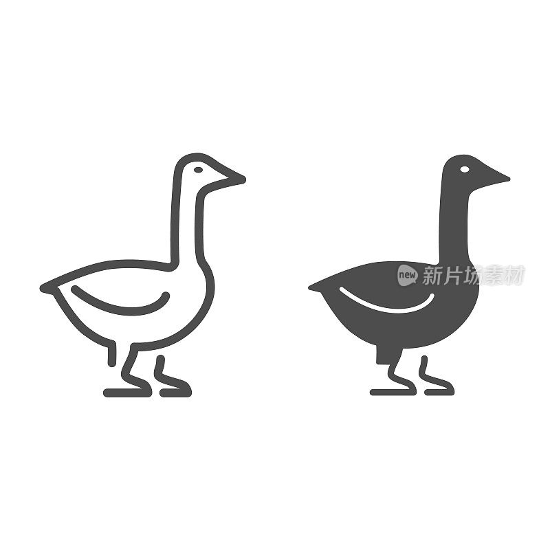 鹅线和固体图标，农场动物概念，家禽标志在白色背景，鹅轮廓图标轮廓风格的移动概念和网页设计。矢量图形。