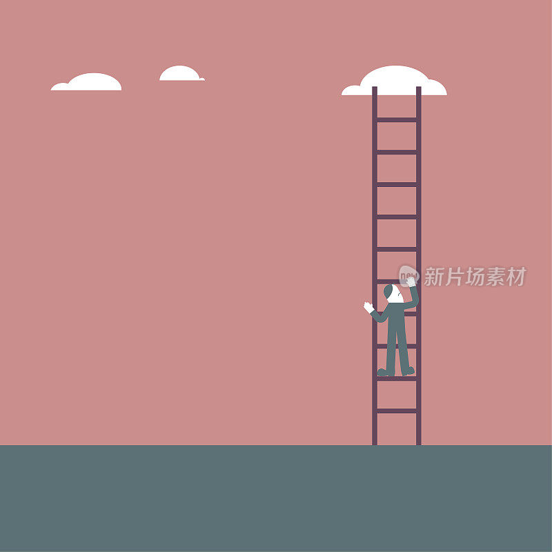 一个人爬上云，用梯子。