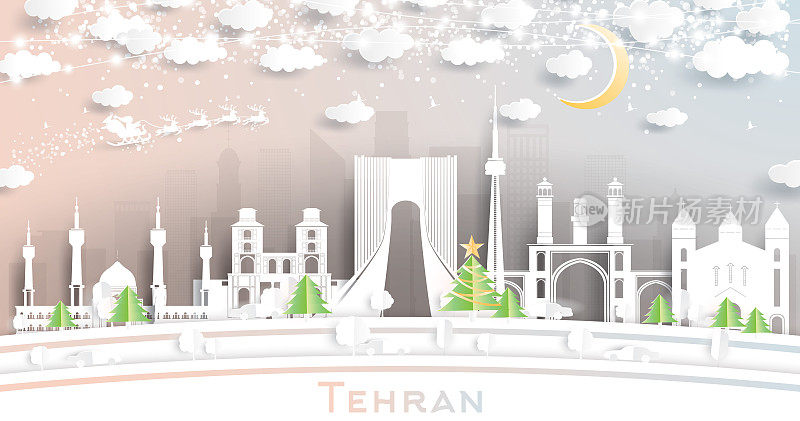 伊朗德黑兰城市天际线剪纸风格的雪花，月亮和霓虹灯花环。