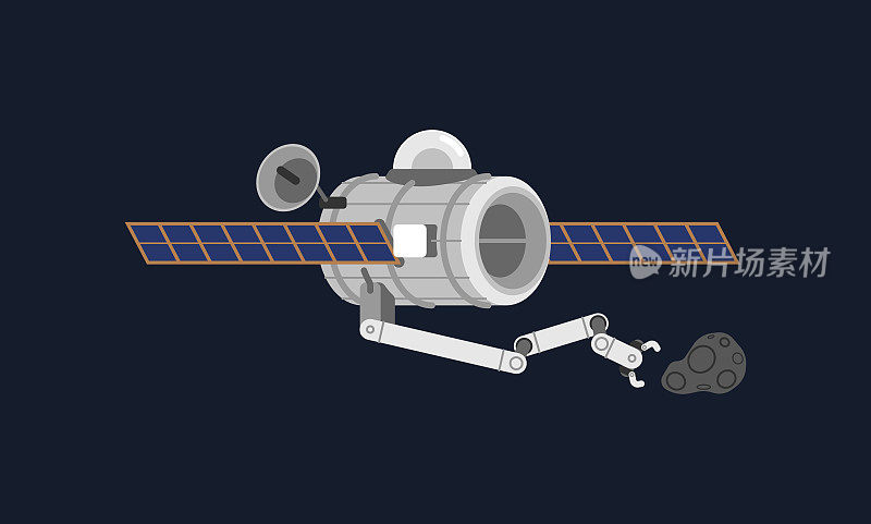 一个在太空中移动机器人手臂的小型空间站，准备抓取一个小陨石用于科学实验。