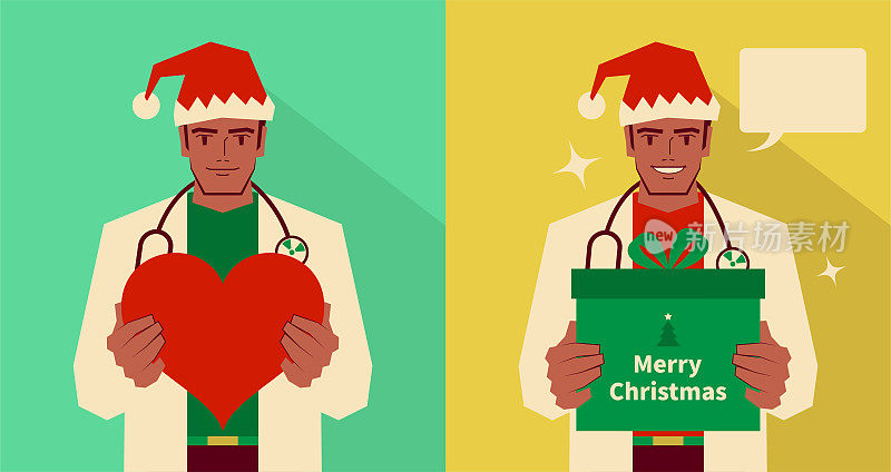 英俊的年轻医生穿着圣诞老人的衣服拿着一个爱心和圣诞礼物礼盒