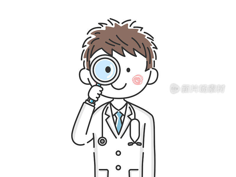 一个日本医生使用放大镜的插图。