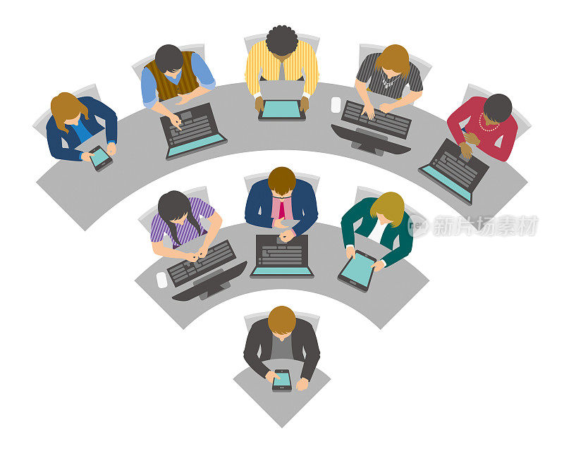 商务人士在Wi-Fi图标形状的桌上进行在线会议或视频会议