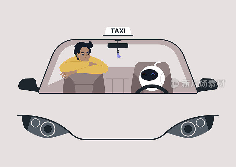 自动驾驶汽车概念，一个可爱的未来派机器人驾驶着一辆后座上坐着一名年轻男性乘客的汽车