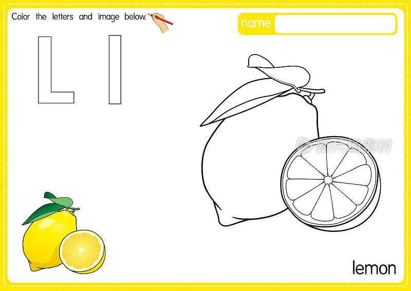 矢量插图的儿童字母着色书页与概述剪贴画，以颜色。L代表柠檬