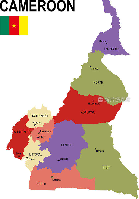 喀麦隆彩色平面地图与旗帜
