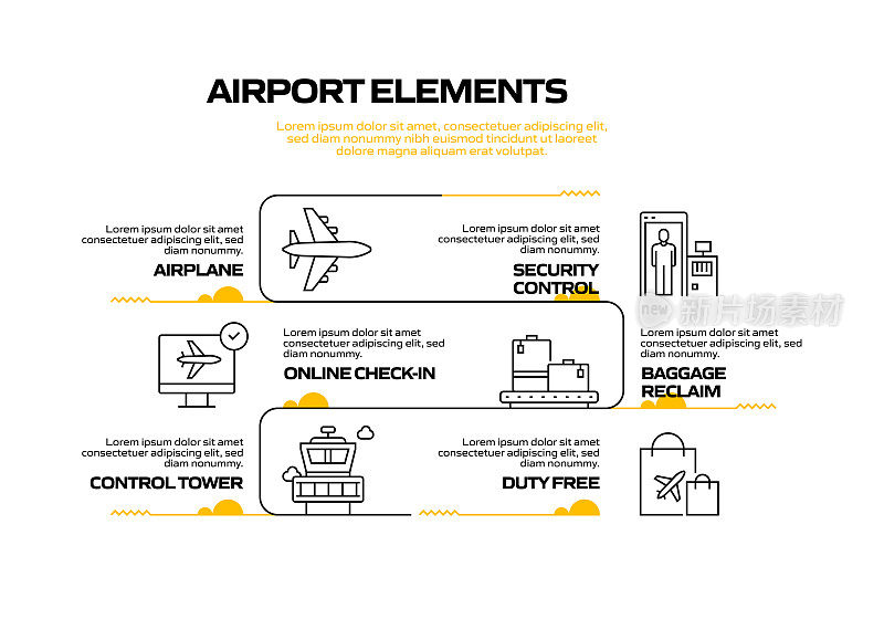 机场要素相关流程信息图表模板。过程时间图。带有线性图标的工作流布局