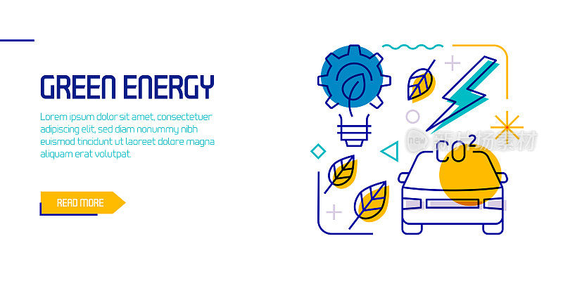 绿色能源相关设计元素。带有轮廓图标的图案设计。色彩斑斓的矢量图